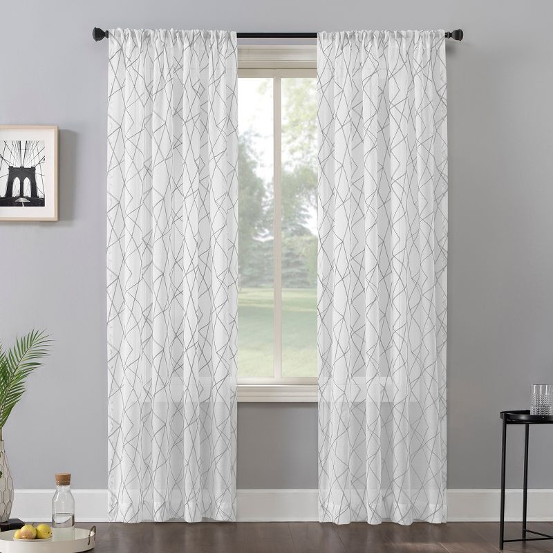 Gray Geometric Embroidery Semi-Sheer Rod Pocket Curtain Panel, 50" x 63"