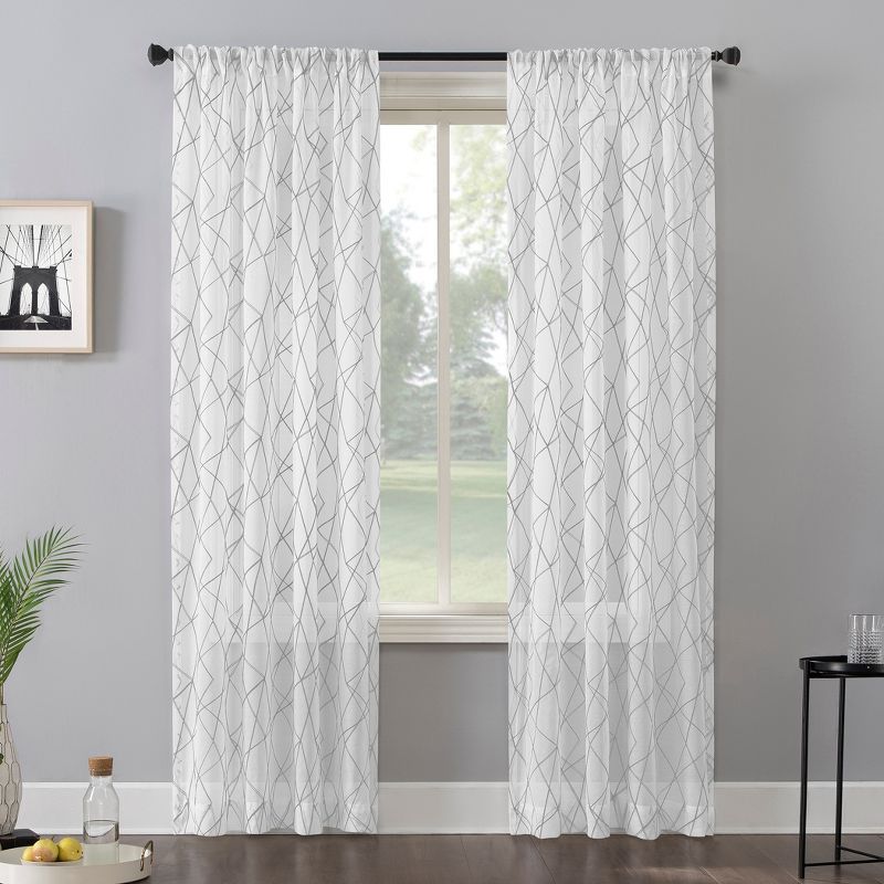 Gray Geometric Embroidery Semi-Sheer Rod Pocket Curtain Panel, 50" x 63"