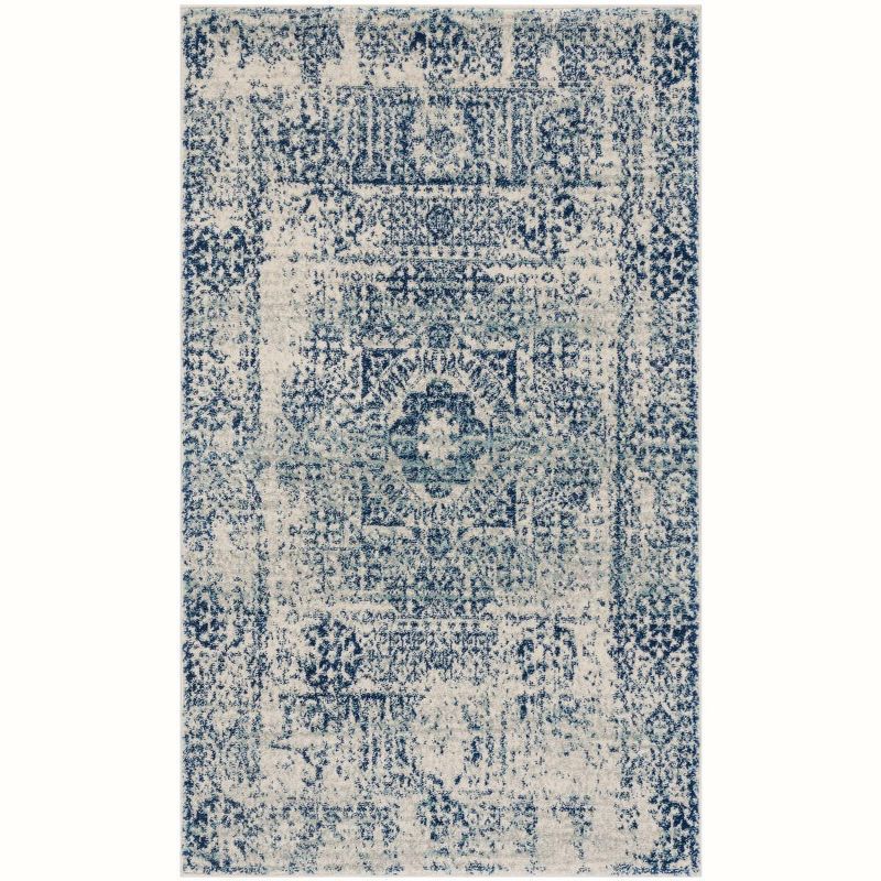 Ivory and Blue High Pile Synthetic Area Rug