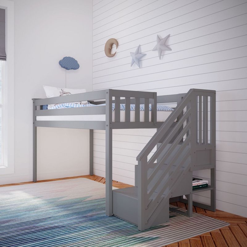 Gray Twin Low Loft Bed with Storage Staircase and Pine Frame