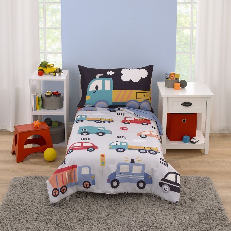 Gray and Multicolor Reversible Toddler Bed Set with Transportation Theme