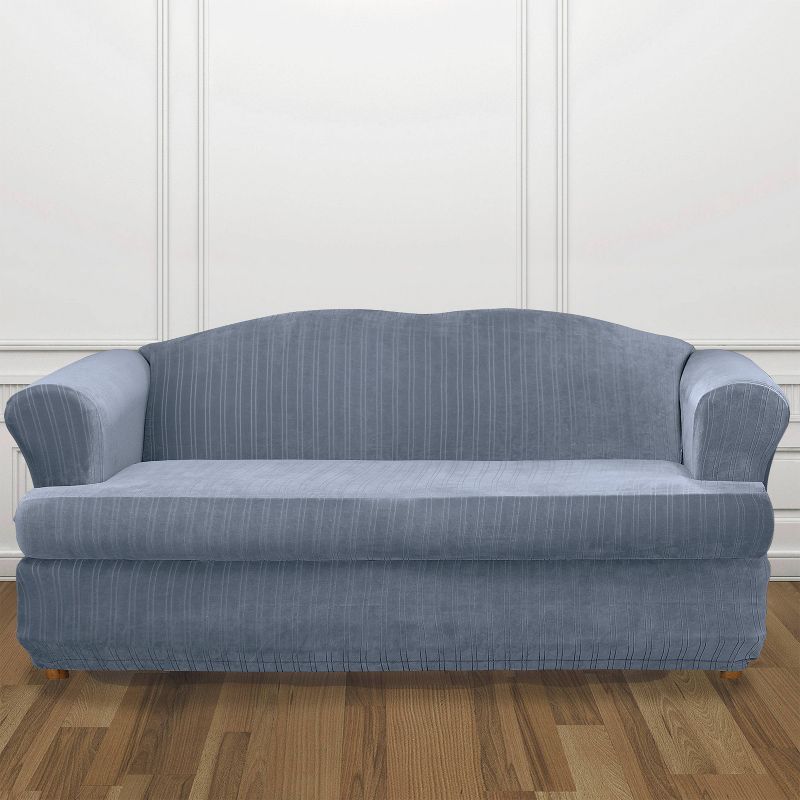 French Blue Stretch Pinstripe T Cushion Sofa Slipcover