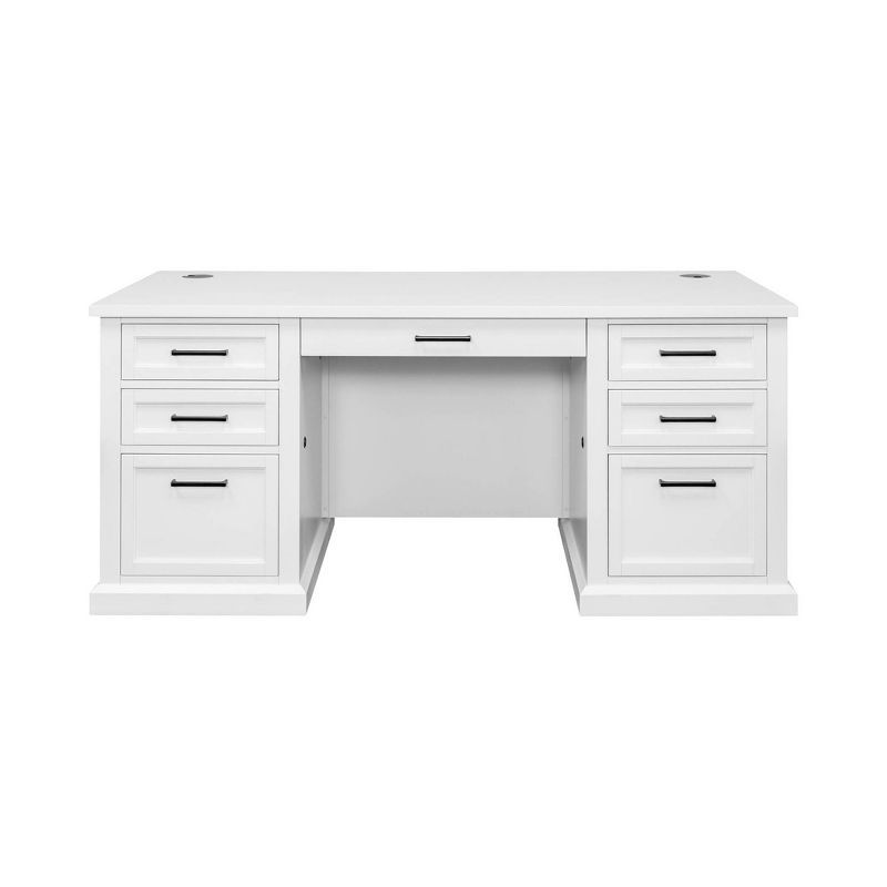 White Wood Executive Desk with Drawers and Power Outlet