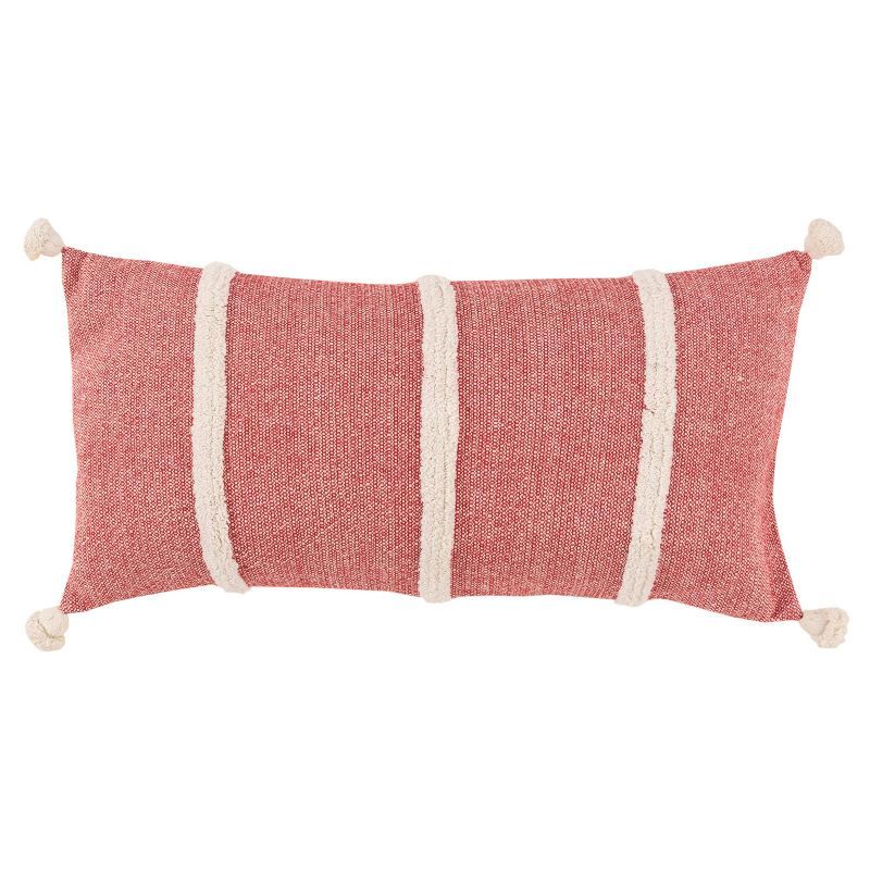 Red and Off-White Cotton Canvas Lumbar Throw Pillow with Tassels