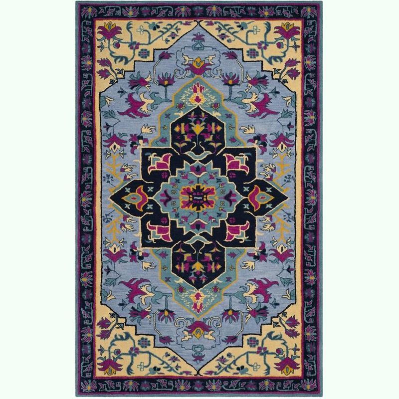 Handmade Light Blue and Multi Wool Rectangular Area Rug, 5'x8'