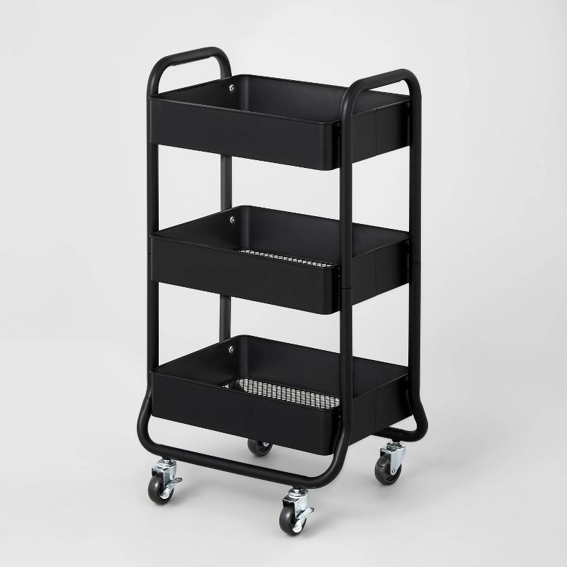 Black 3-Tier Metal Utility Cart with Locking Wheels