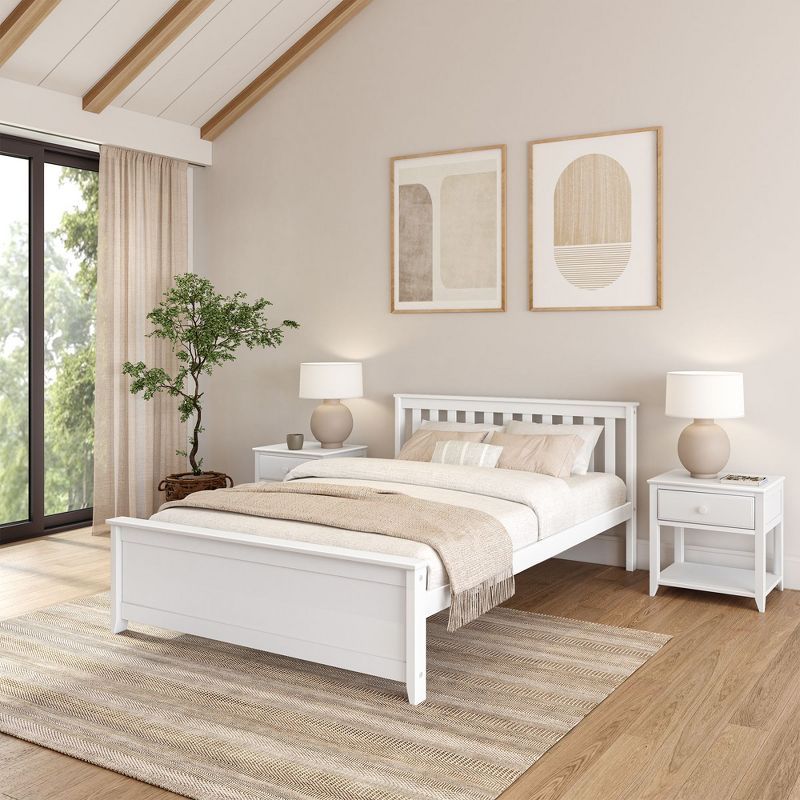 Elegant Pine Wood Queen Bed Frame with Slatted Headboard, White