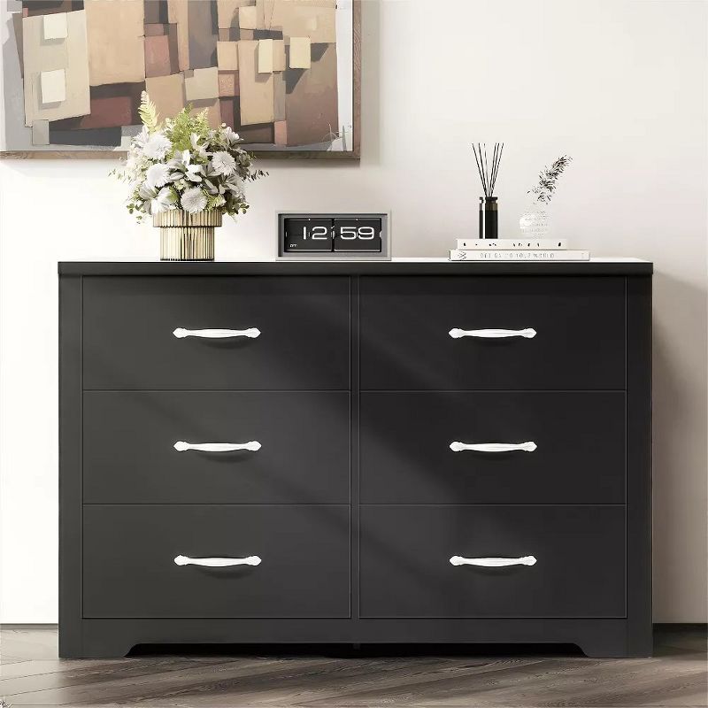 Black 6-Drawer Double Dresser with Metal Handles