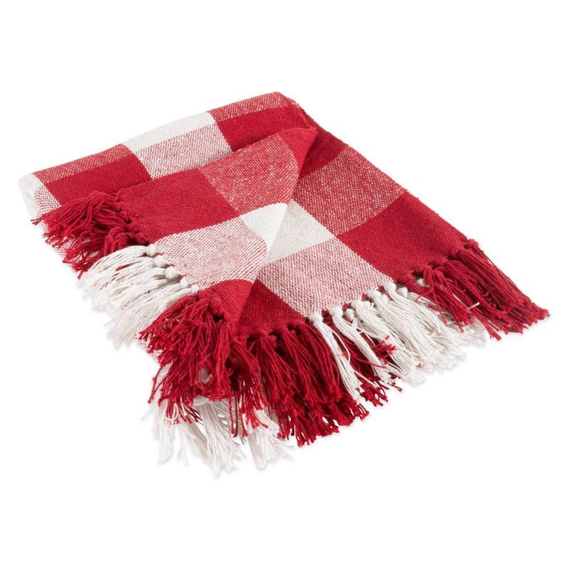 Rustic Red and White Cotton Sherpa Throw Blanket with Tassels