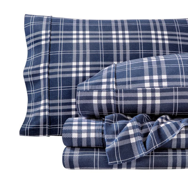 Stirling Plaid Blue/White Cotton Flannel Twin Sheet Set