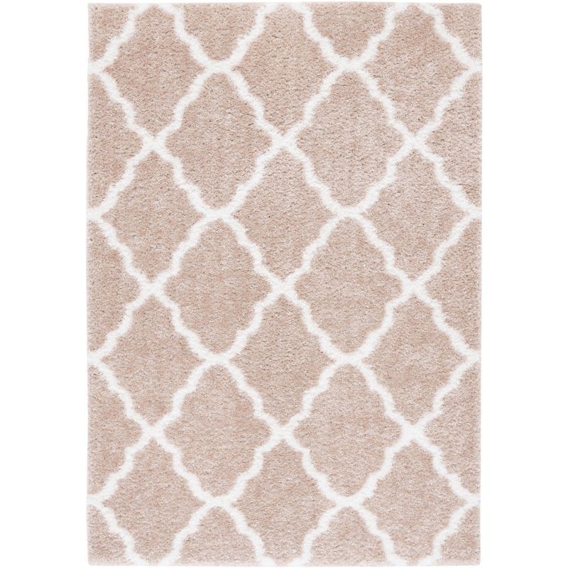 Beige and White Geometric Shag Area Rug 4' x 6'