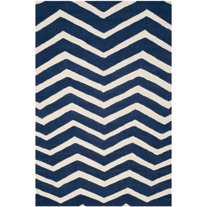 Navy and Ivory Hand-Tufted Wool Chevron Area Rug, 3'x5'