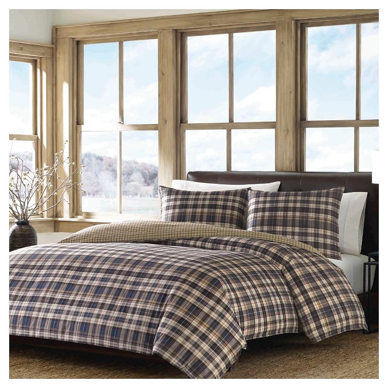 King Navy and Purple Cotton Plaid Duvet Cover Set