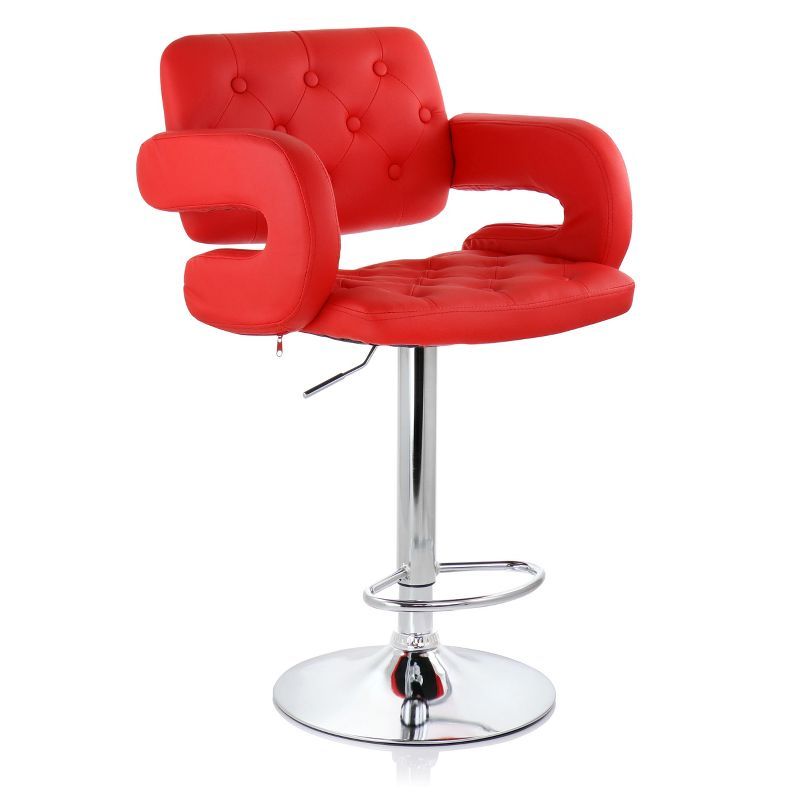 Red Faux Leather Adjustable Swivel Bar Stool with Chrome Base