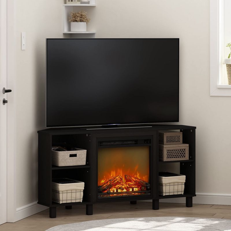 Gray Jensen Corner TV Stand with Electric Fireplace and Metal Legs