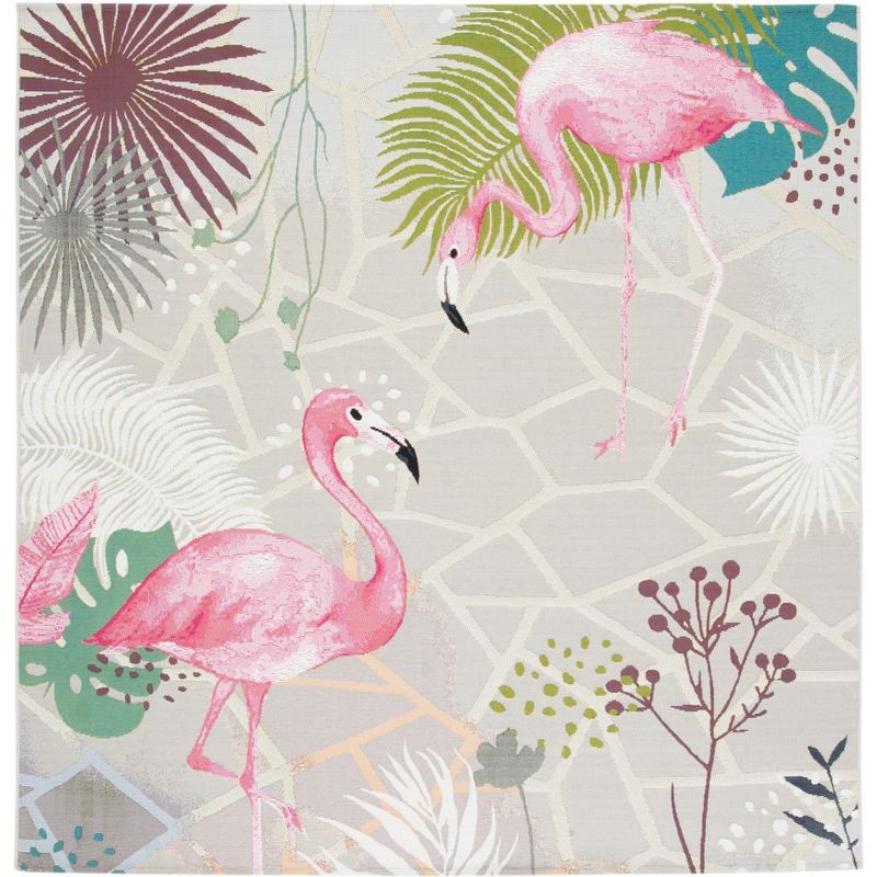 Barbados 5'3" Square Gray and Pink Flamingo Rug