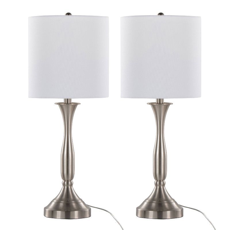 25.5" Brushed Nickel Table Lamp Set with White Linen Shade and USB