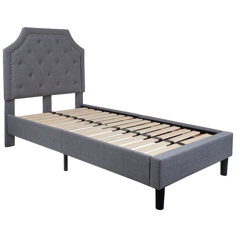 Elegant Twin-Size Light Gray Upholstered Bed with Tufted Headboard and Nailhead Trim