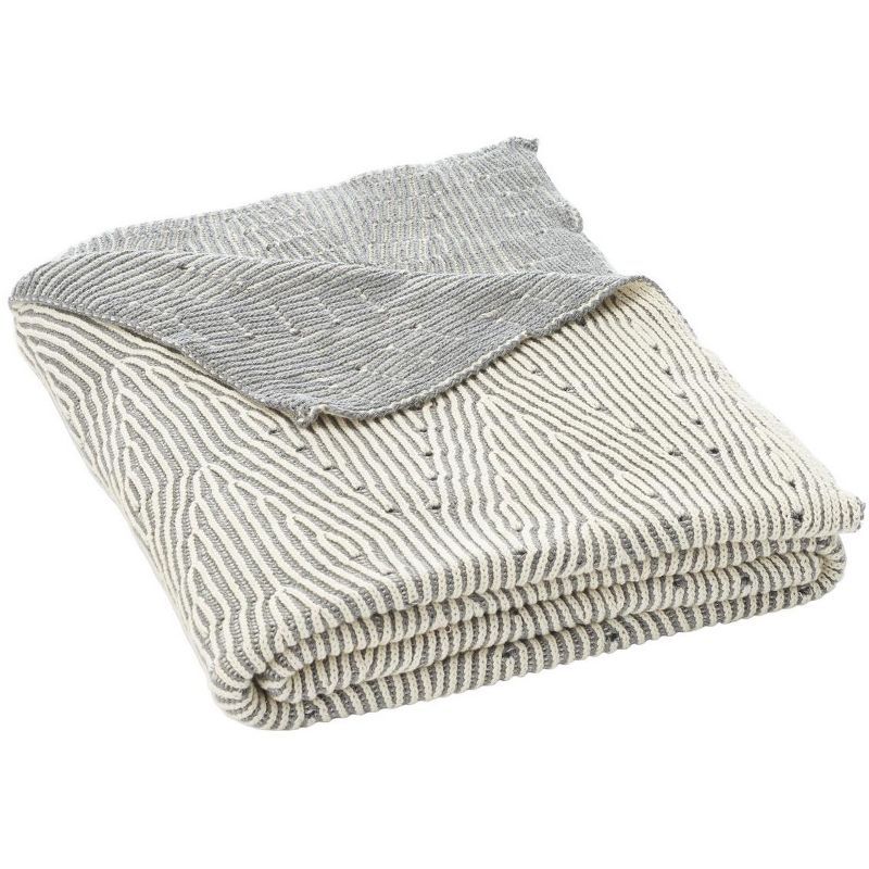 Grey and White Knitted Cotton Chevron Throw Blanket