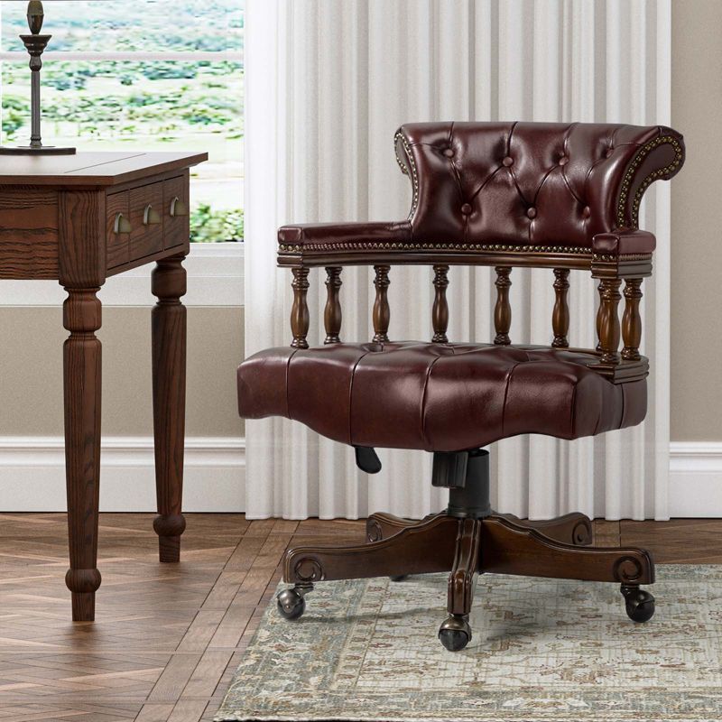 Burgundy Genuine Leather Button-Tufted Swivel Executive Chair with Nailhead Trim