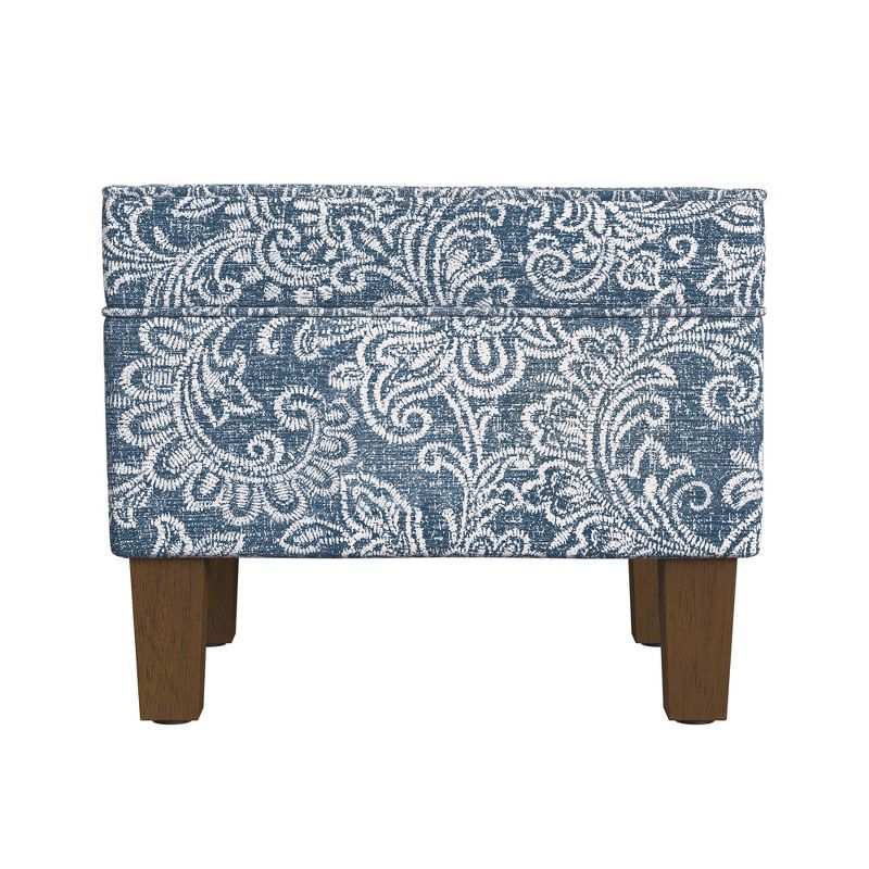 Medium Blue Denim Jacobean Print Storage Ottoman with Hinged Lid