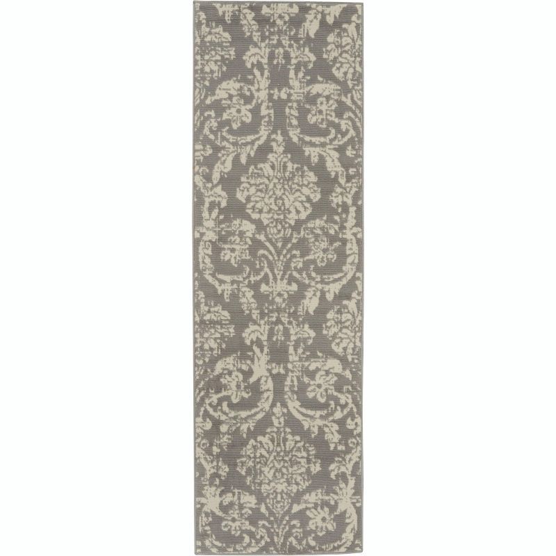 Jubilant Gray and Ivory Damask Runner Rug 2'3" x 7'3"