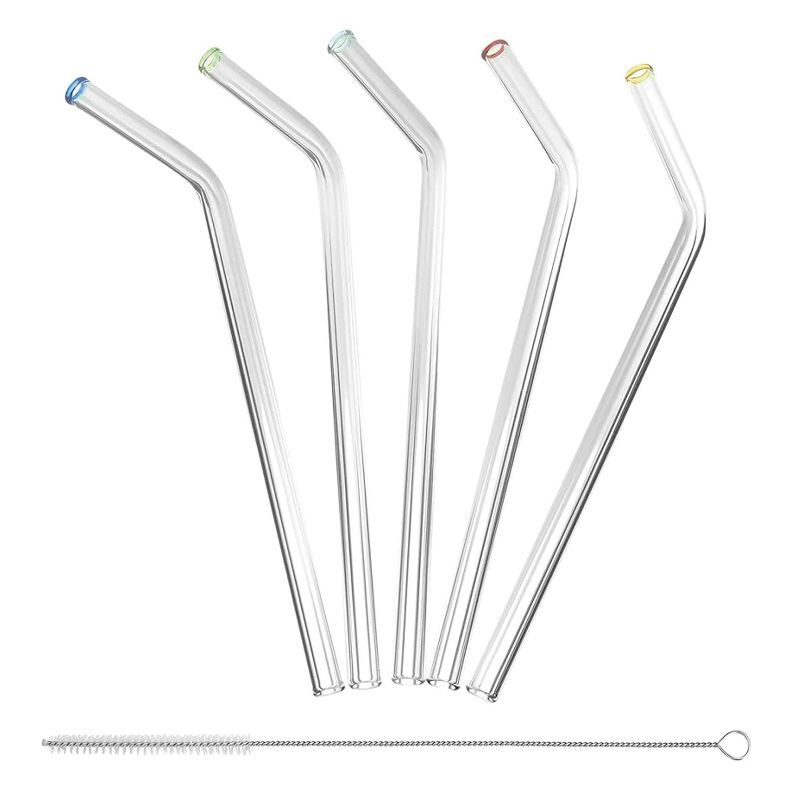 Extra-Wide Clear Glass Straws with Color Tips and Cleaning Brush, Set of 5