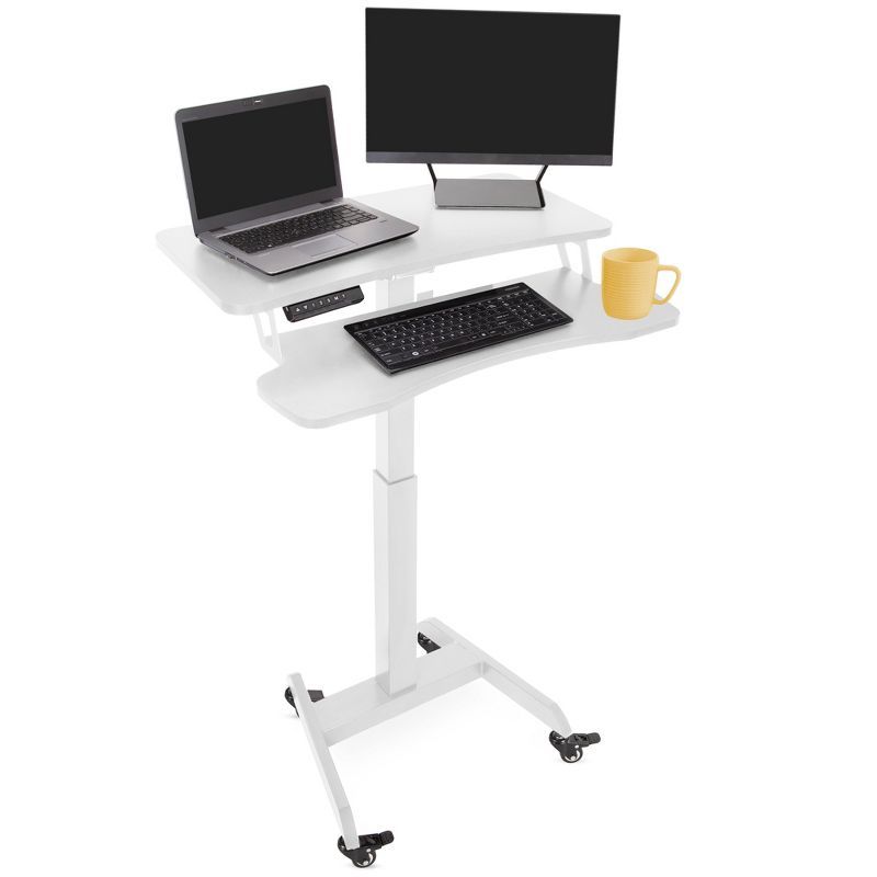 White Electric Height Adjustable Mobile Podium with Keyboard Tray