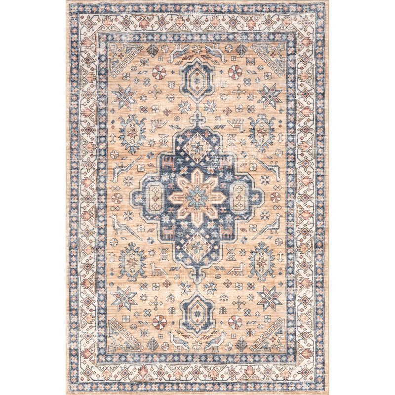 Sand and Grey Synthetic Medallion Washable Area Rug 3' x 5'