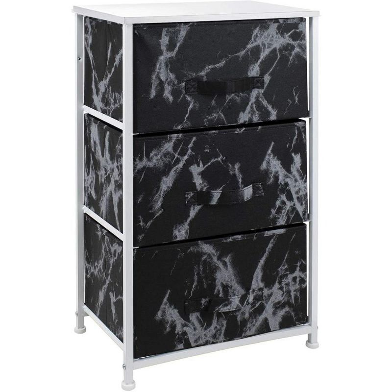 White Frame Black Marble 3-Drawer Nightstand with Fabric Bins