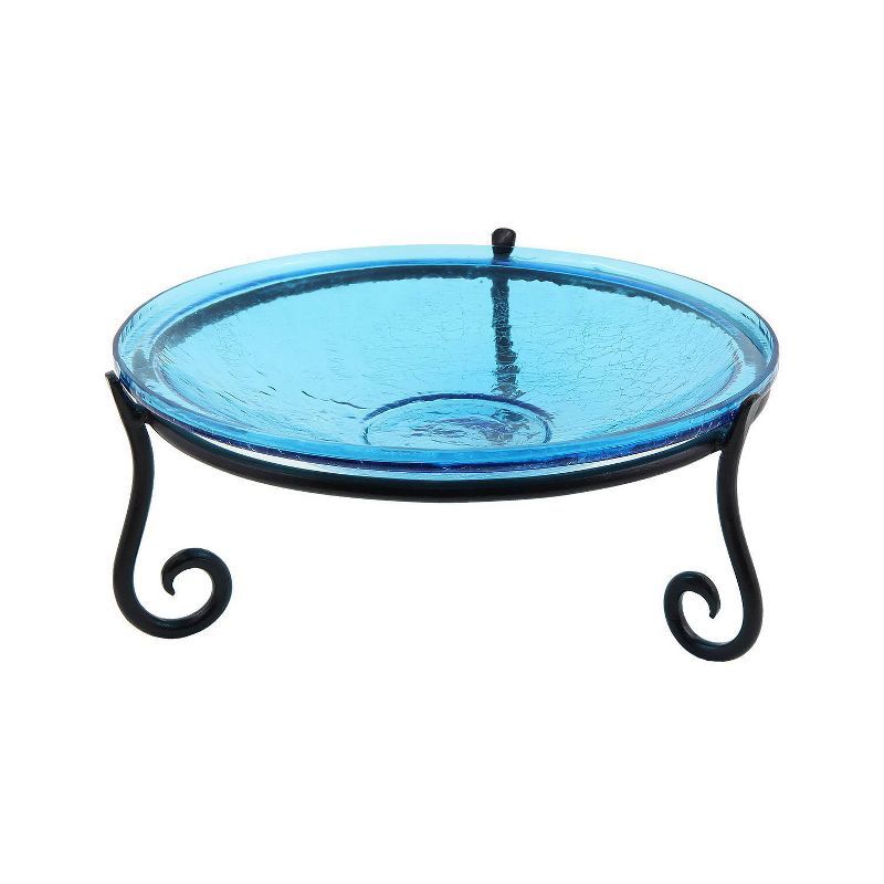 Teal Crackle Glass Birdbath Bowl with Wrought Iron Stand