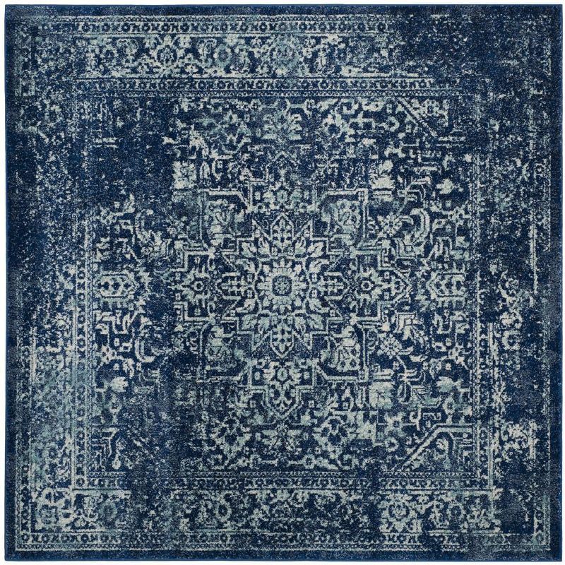 Navy and Ivory Square Floral Motif Area Rug