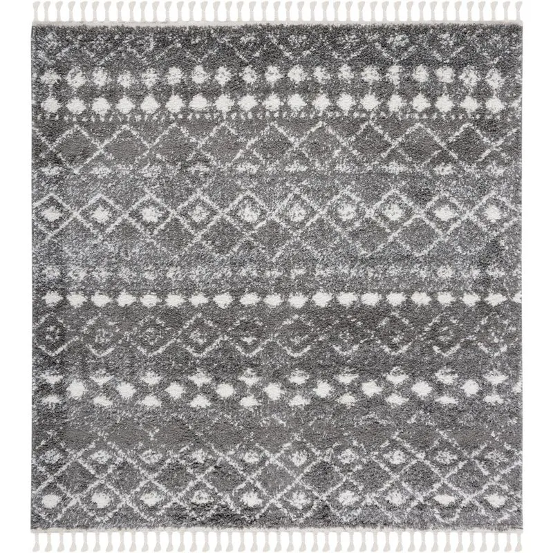 Gray Square Hand-Knotted Shag Area Rug with Fringe Detail