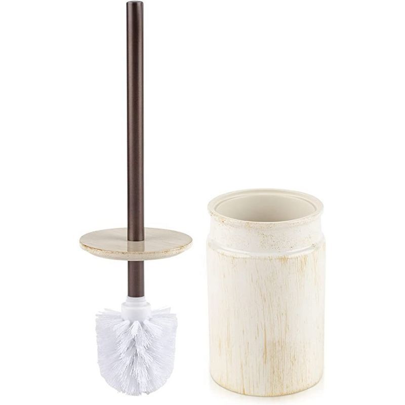 Beige Ceramic and Metal Toilet Brush Holder Set