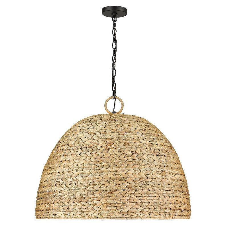 Matte Black and Woven Sweet Grass Dome Pendant Light