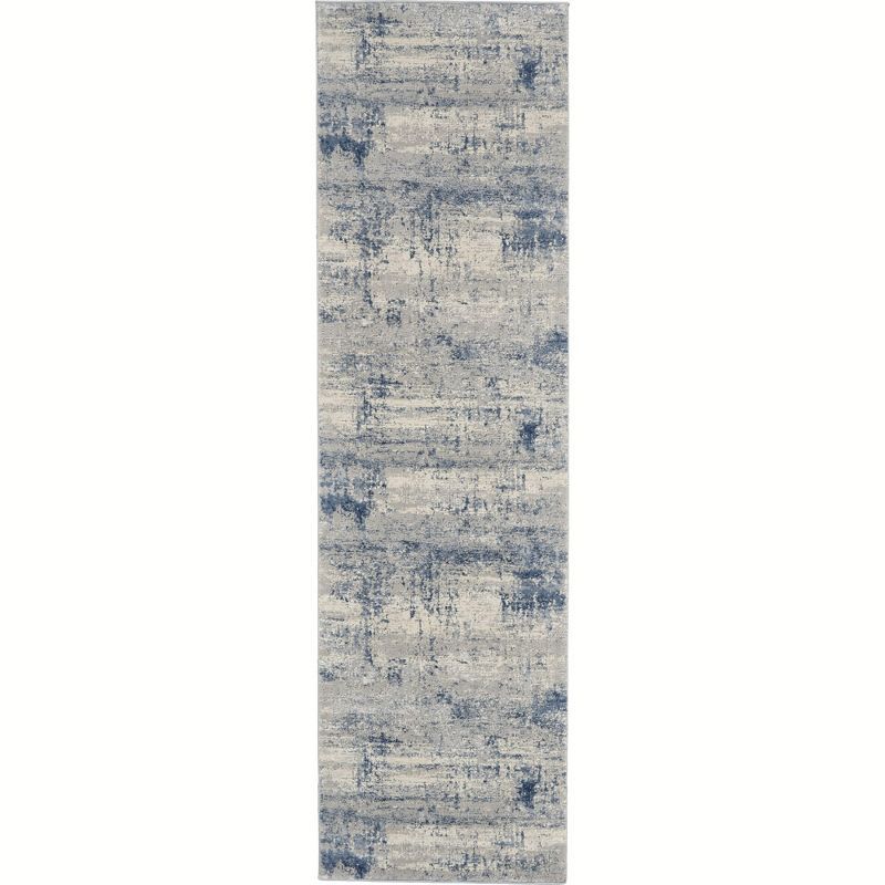 Ivory Blue Abstract Rustic Textures Runner Rug