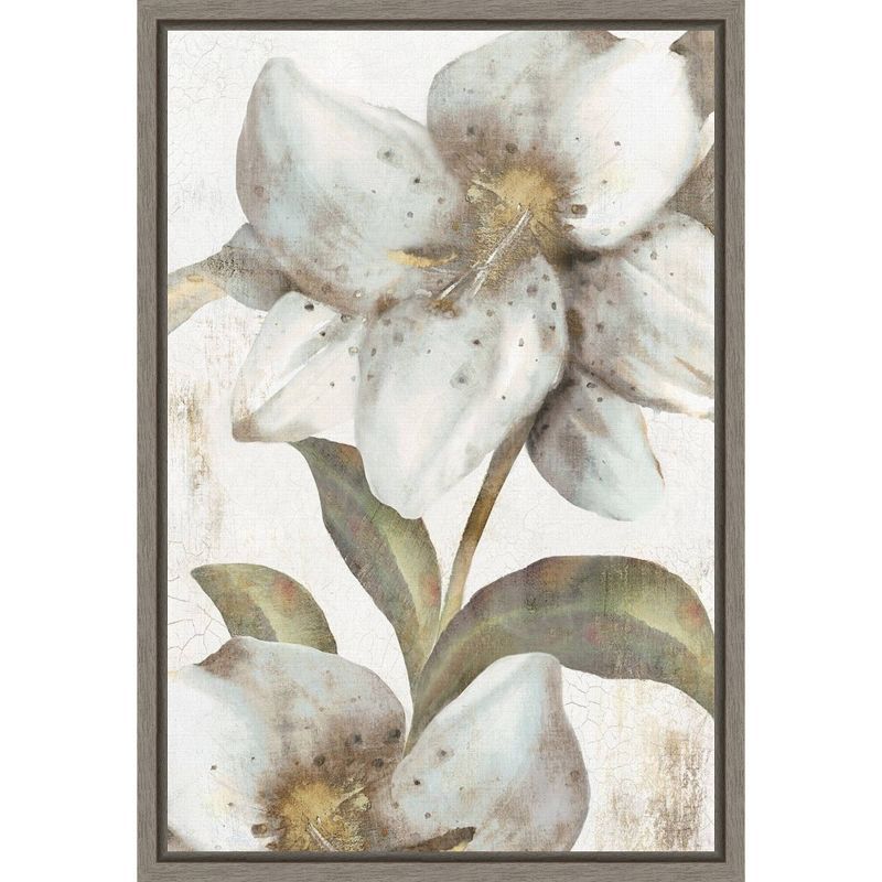 White Lilies Floral Canvas Print with Gray Frame