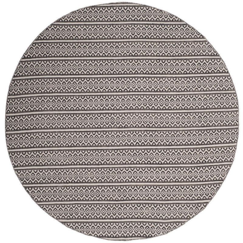 Ivory and Black Round Handwoven Cotton Wool Rug