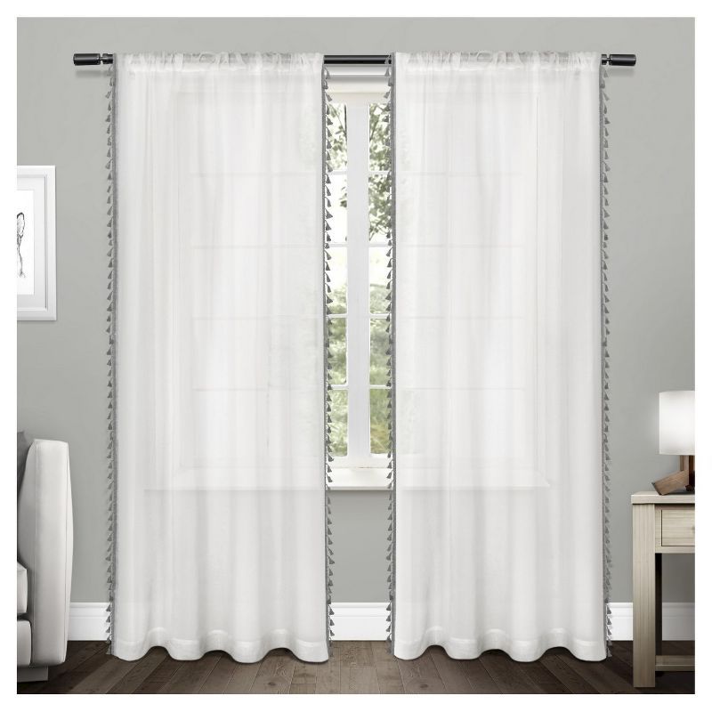 Black Pearl Sheer Rod Pocket Window Curtain Panels with Tassels