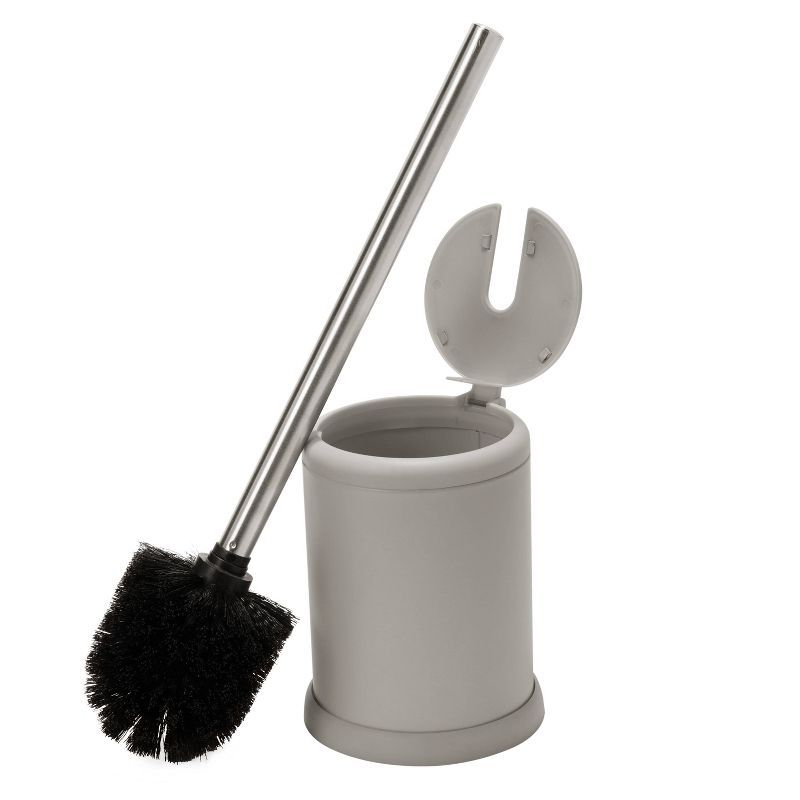 Gray Stainless Steel Toilet Brush Holder with Self-Closing Lid