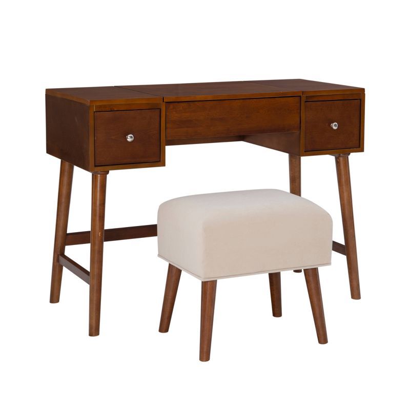 Viola Walnut Mid-Century 43.7" Vanity Set with Upholstered Stool