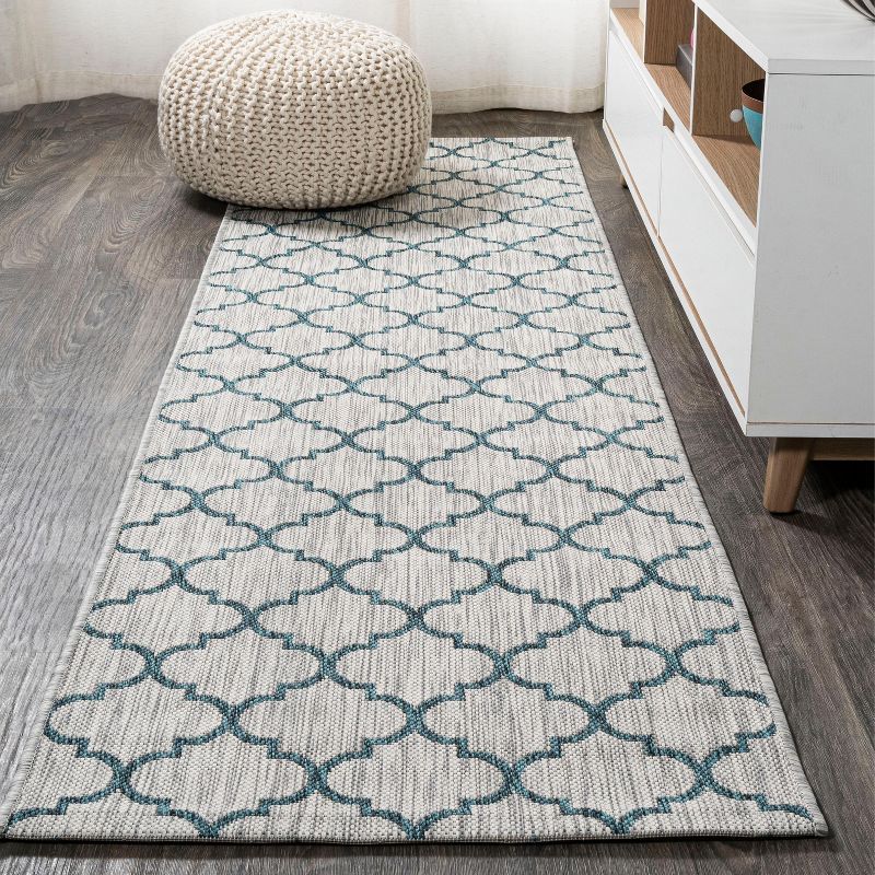 Gray and Teal Trellis Flat Woven Synthetic Rug