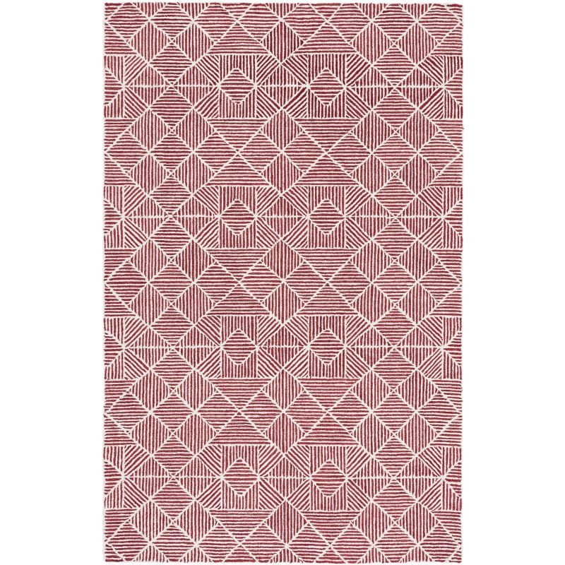 Ivory and Red Abstract Geometric Wool Area Rug, 5' x 8'