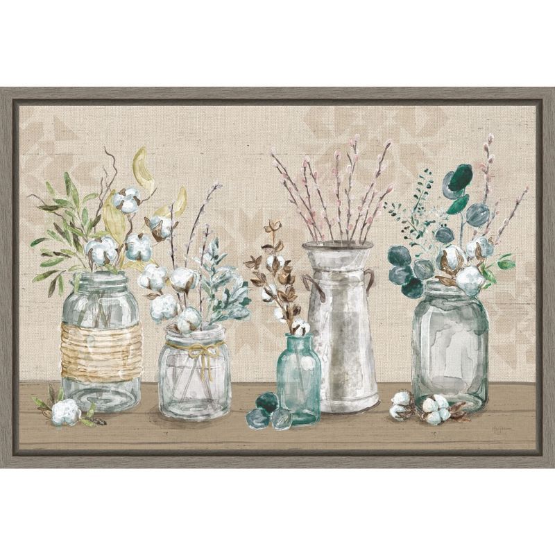 Neutral Cotton Bouquet in Vases Canvas Print with Gray Frame