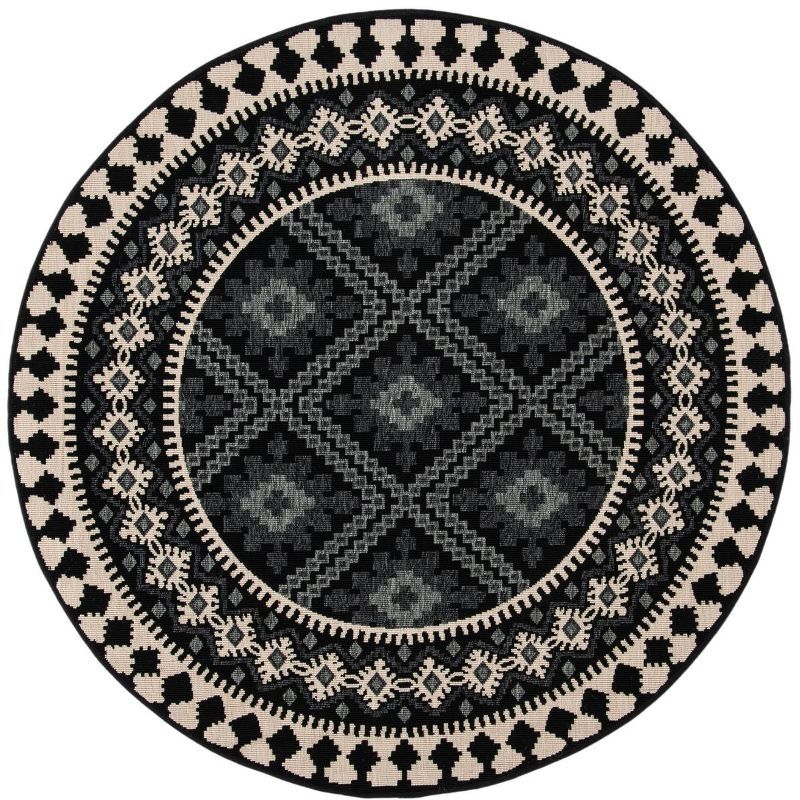 Easycare Veranda Black & Cream Synthetic 3' Round Indoor/Outdoor Rug