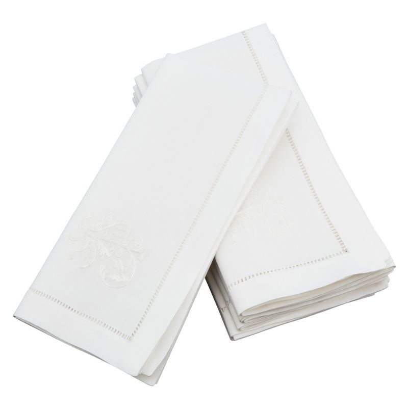 White Cotton Embroidered Vine Hemstitch Napkins, Set of 6