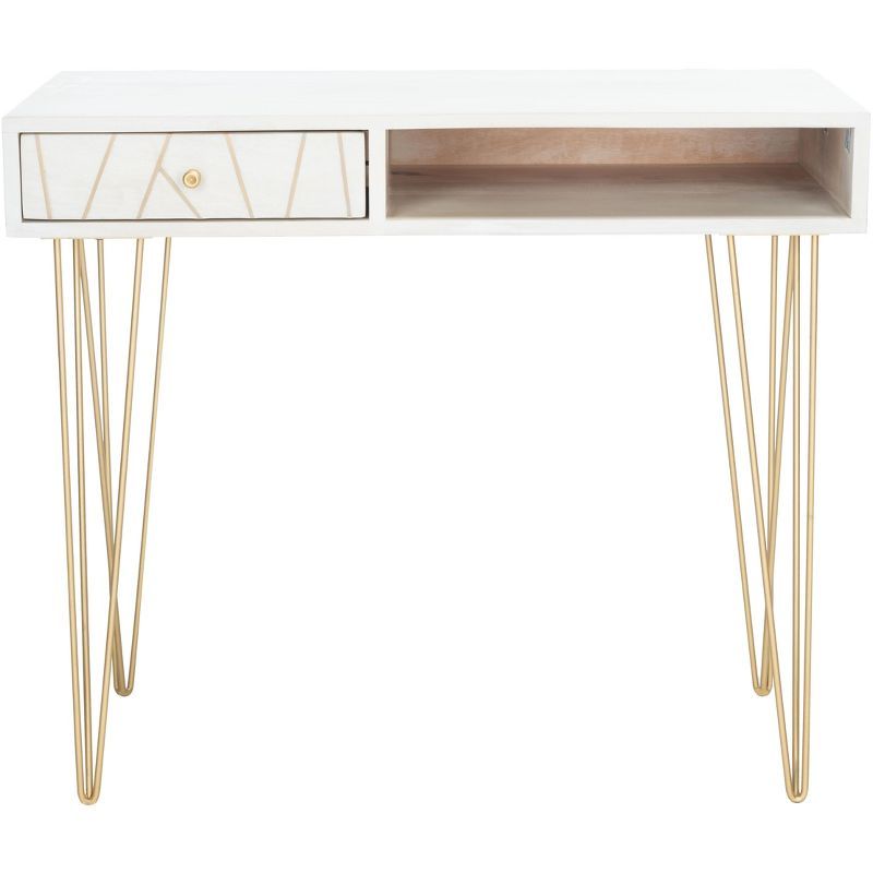 White Wash Wood Desk with Brass Hairpin Legs and Drawer