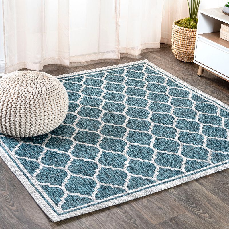 Moroccan Trellis Square Indoor/Outdoor Rug in Teal/Gray