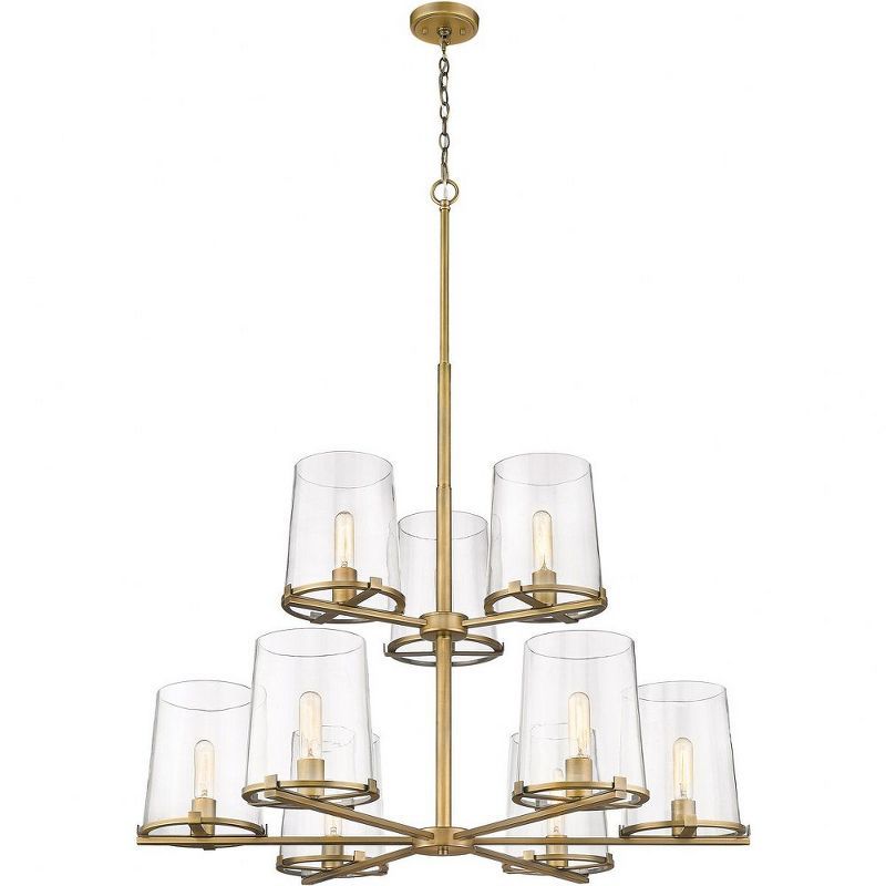 Rubbed Brass 9-Light Chandelier with Clear Glass Shades