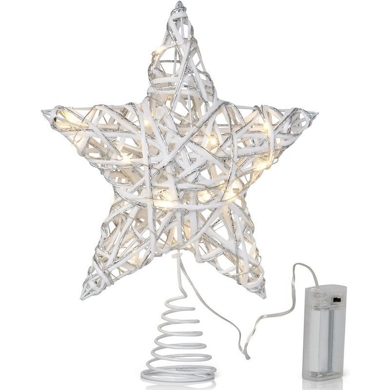 White and Silver Rattan Star Tree Topper with LED Lights